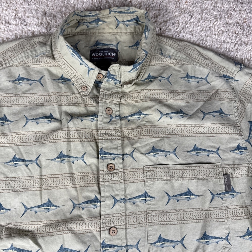 Woolrich Shirt Adult Large Tan Swordfish Khaki Short Sleeve Button Up Fishing L
